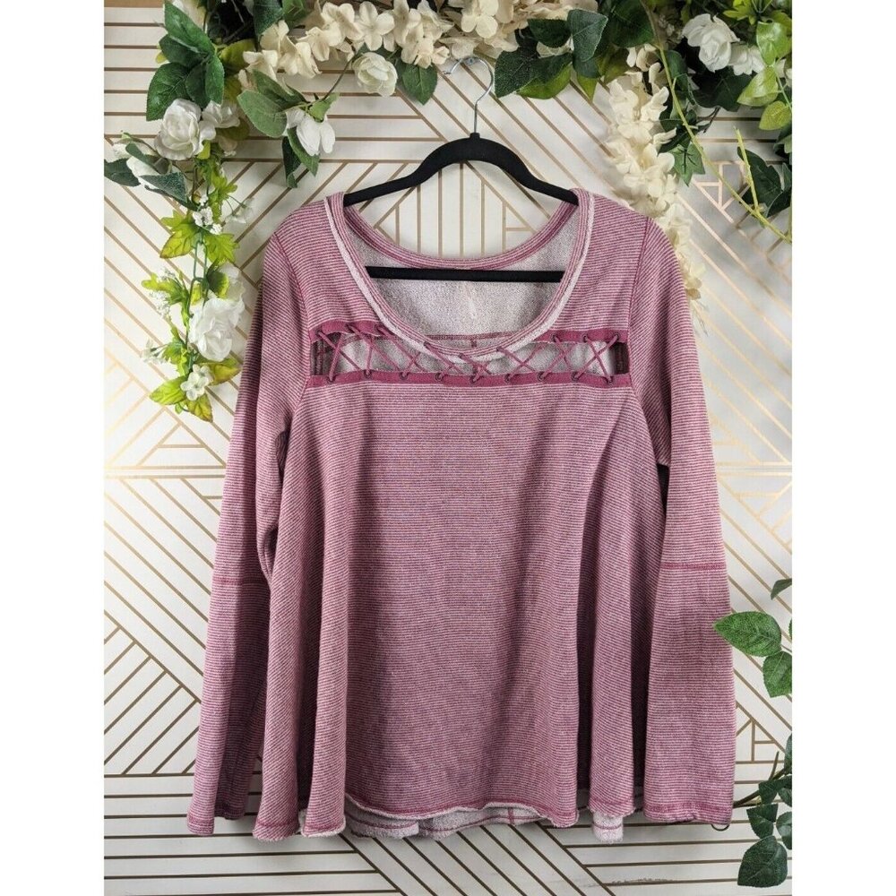 Free People Lacey Love Red Striped Grommet Lace Up Sweater Knit Top Size L